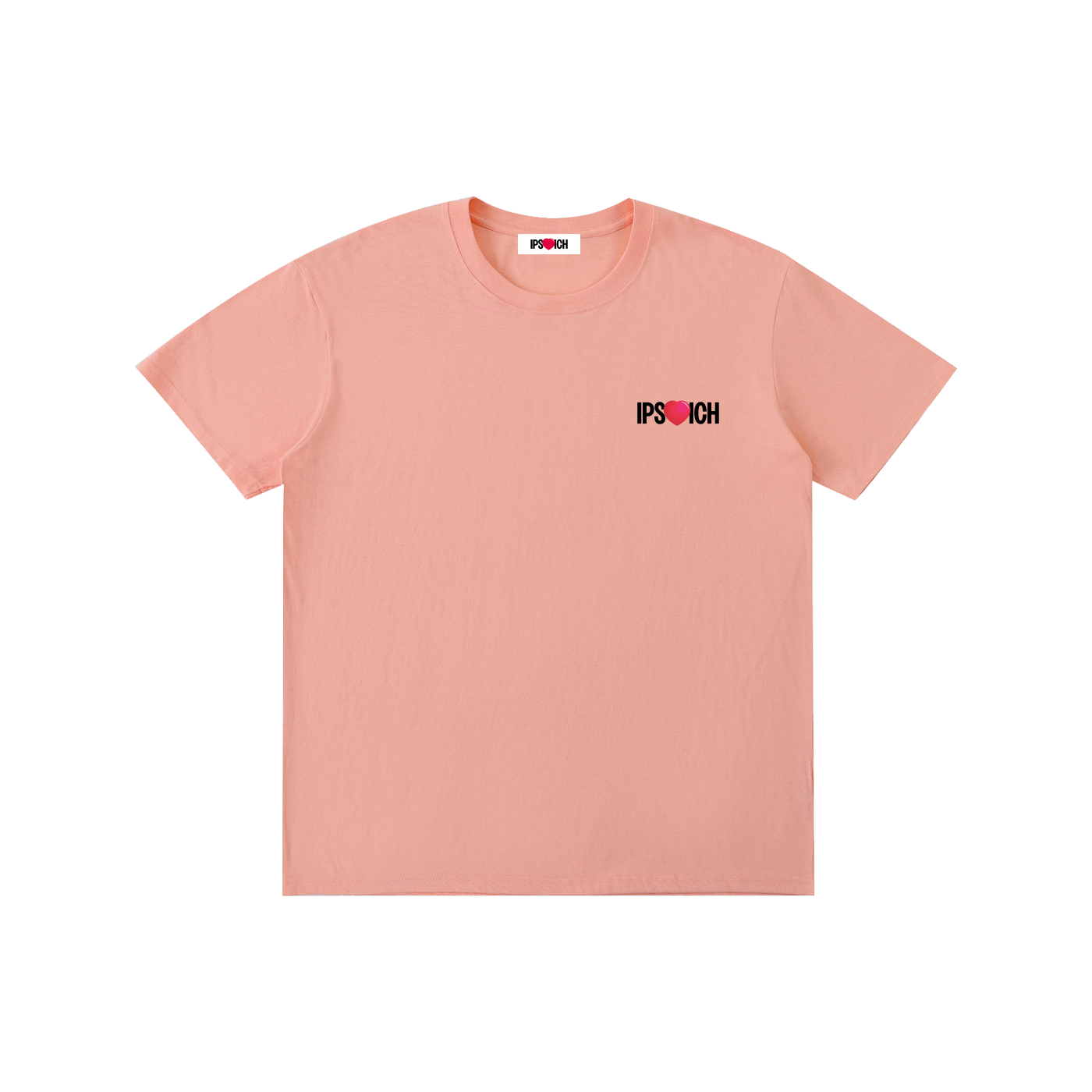 A light pink crewneck t-shirt with a small 'IP'S UCH' graphic printed on the left chest, displayed flat against a solid white background.