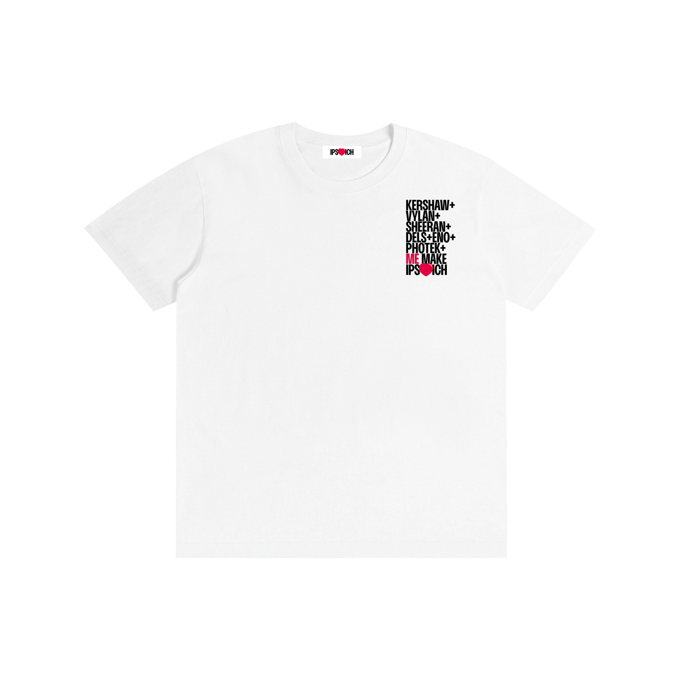 A white short-sleeve crewneck t-shirt with a small black and red graphic on the left chest, displayed flat against a solid white background.