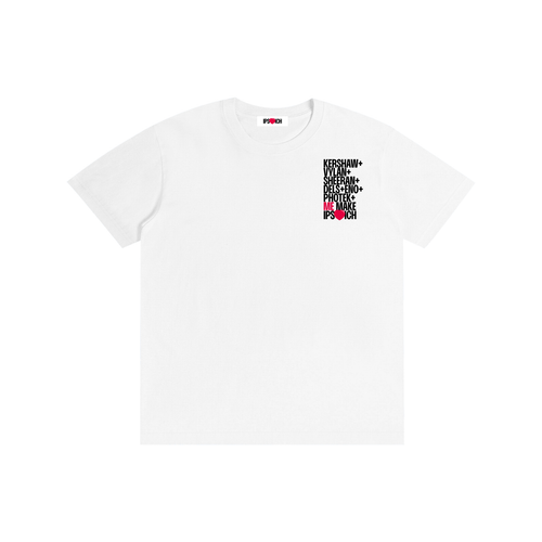 A white short-sleeve crewneck t-shirt with a small black and red graphic on the left chest, displayed flat against a solid white background.